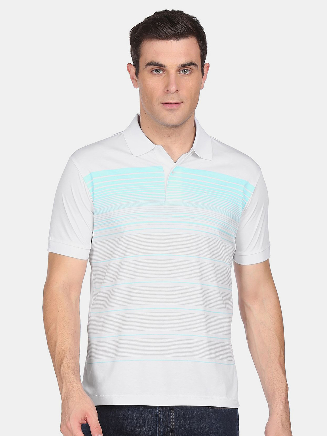 

Arrow Men White & Blue Striped Polo Collar Pure Cotton T-shirt