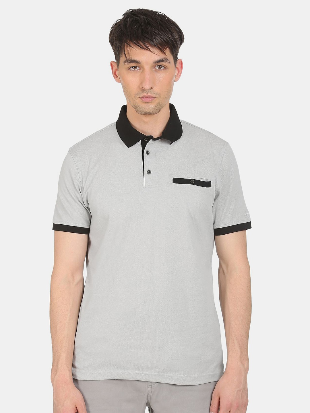 

Arrow Men Grey & Black Colourblocked Polo Collar T-shirt