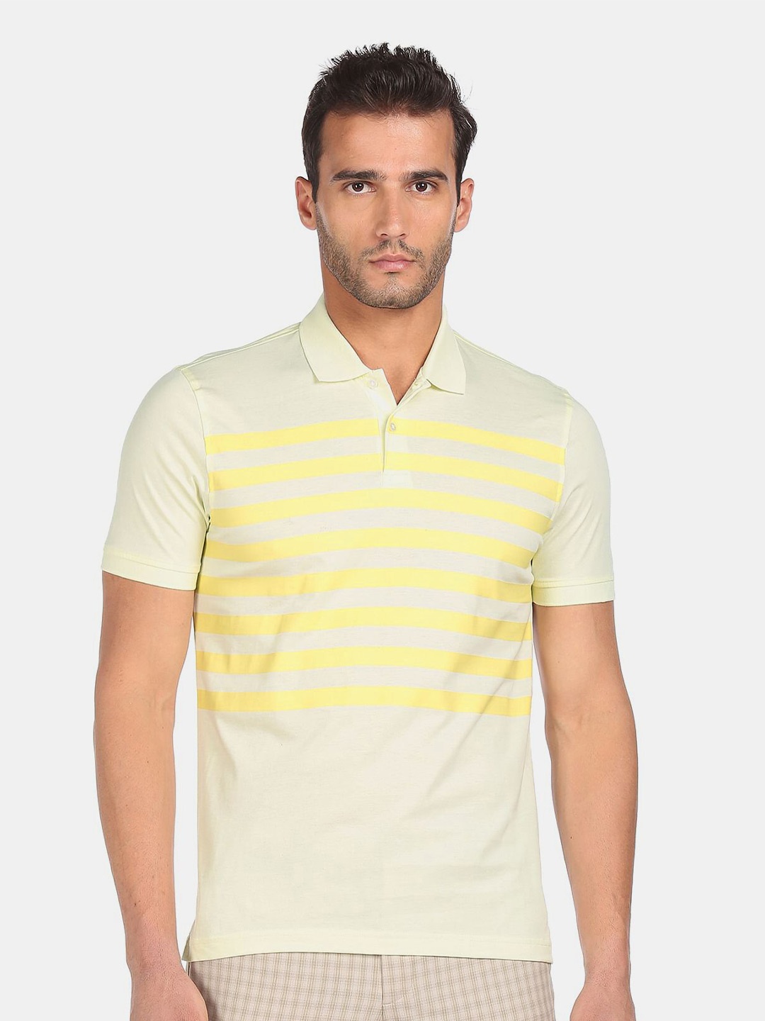 

Arrow New York Men Yellow & White Pure Cotton Striped Polo Collar Pure Cotton T-shirt