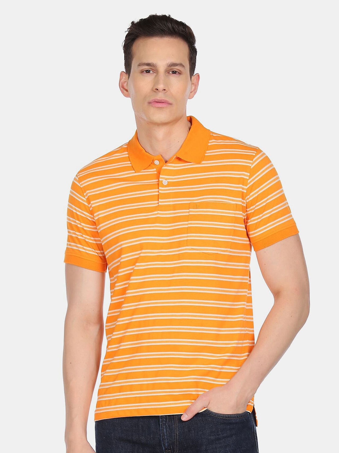 

Arrow Sport Men Yellow & White Striped Polo Collar T-shirt