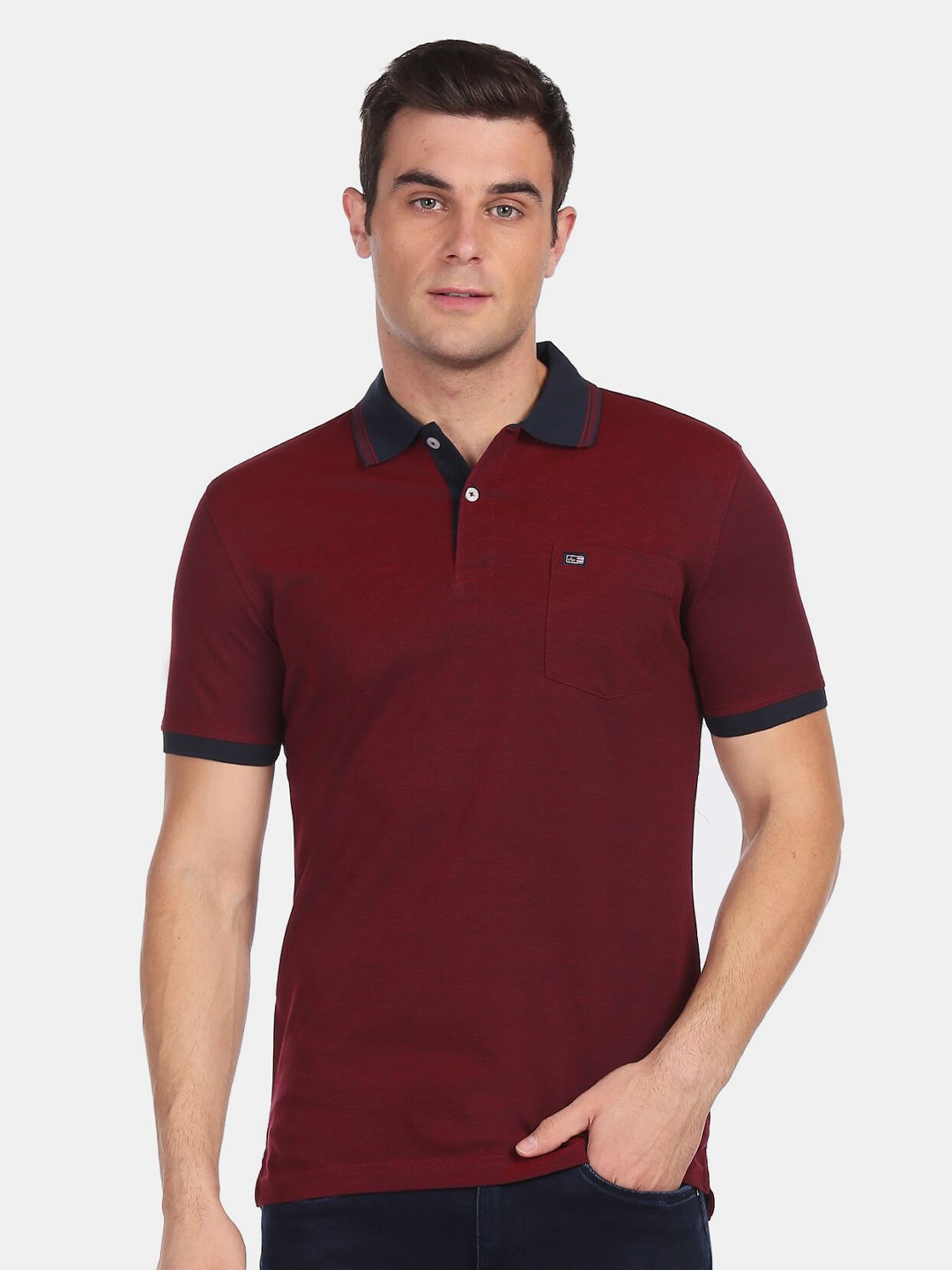 

Arrow Sport Men Cotton Red & Navy Blue Polo Collar T-shirt