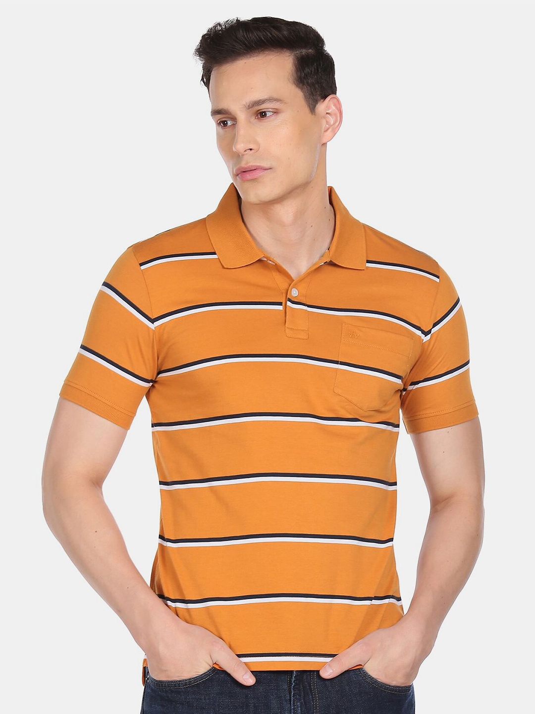 

Arrow Sport Men Yellow & Black Striped Polo Collar T-shirt