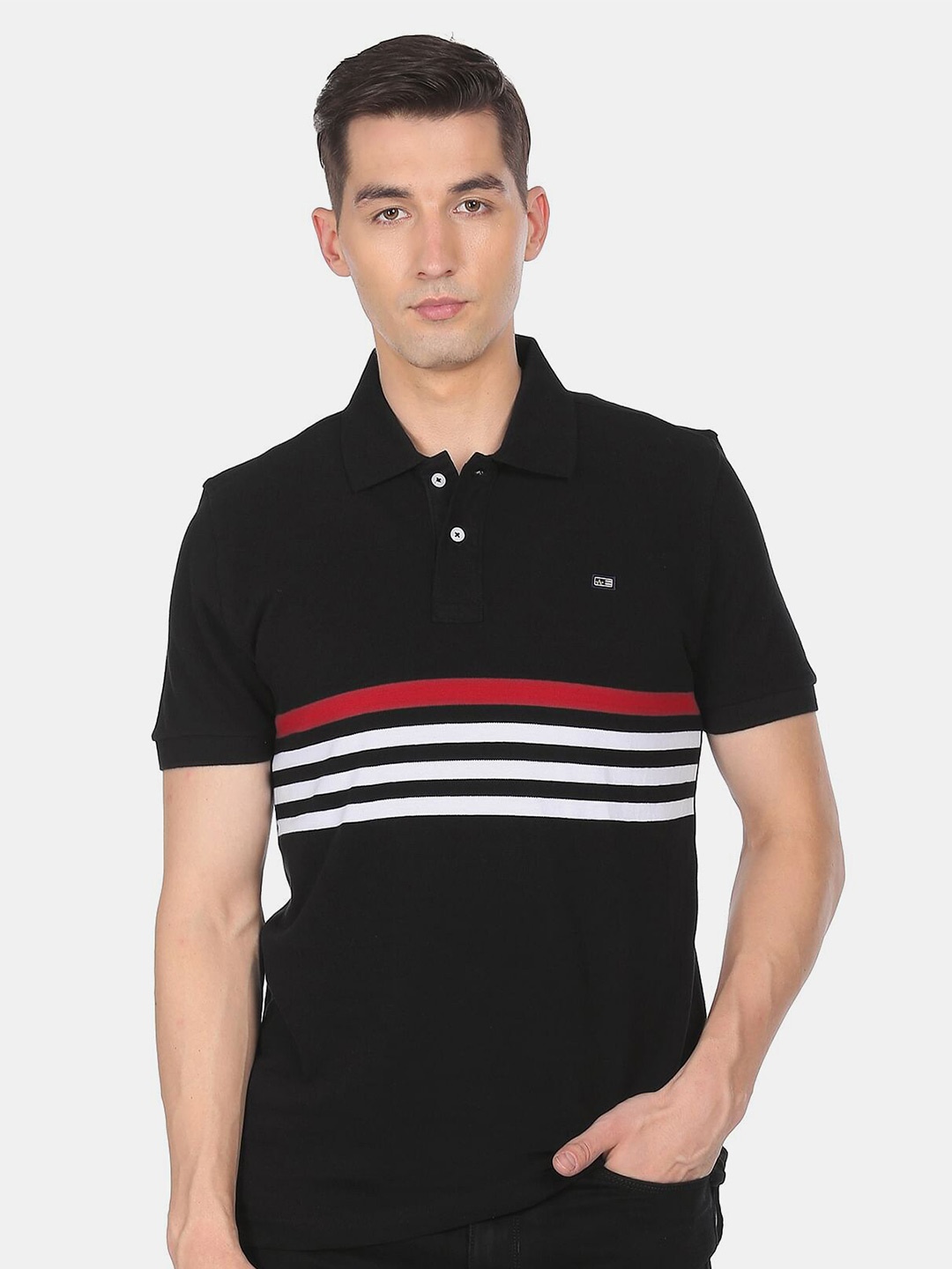 

Arrow Sport Men Black & White Striped Polo Collar T-shirt
