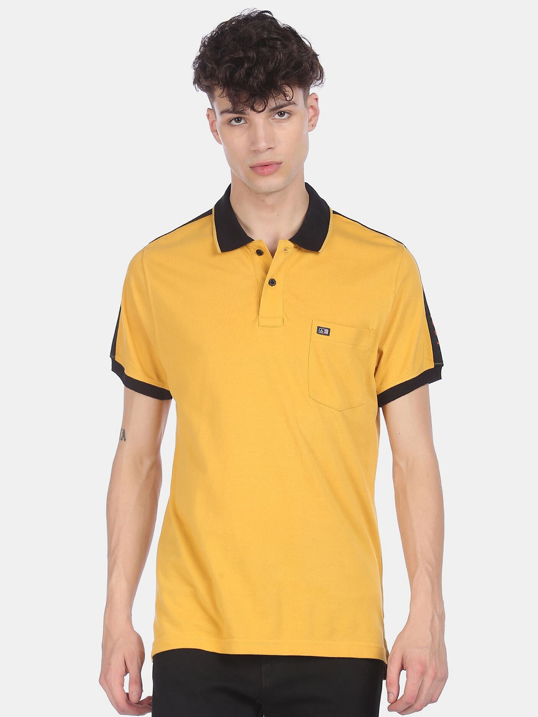 

Arrow Sport Men Cotton Yellow & Black Pure Cotton Polo Collar T-shirt