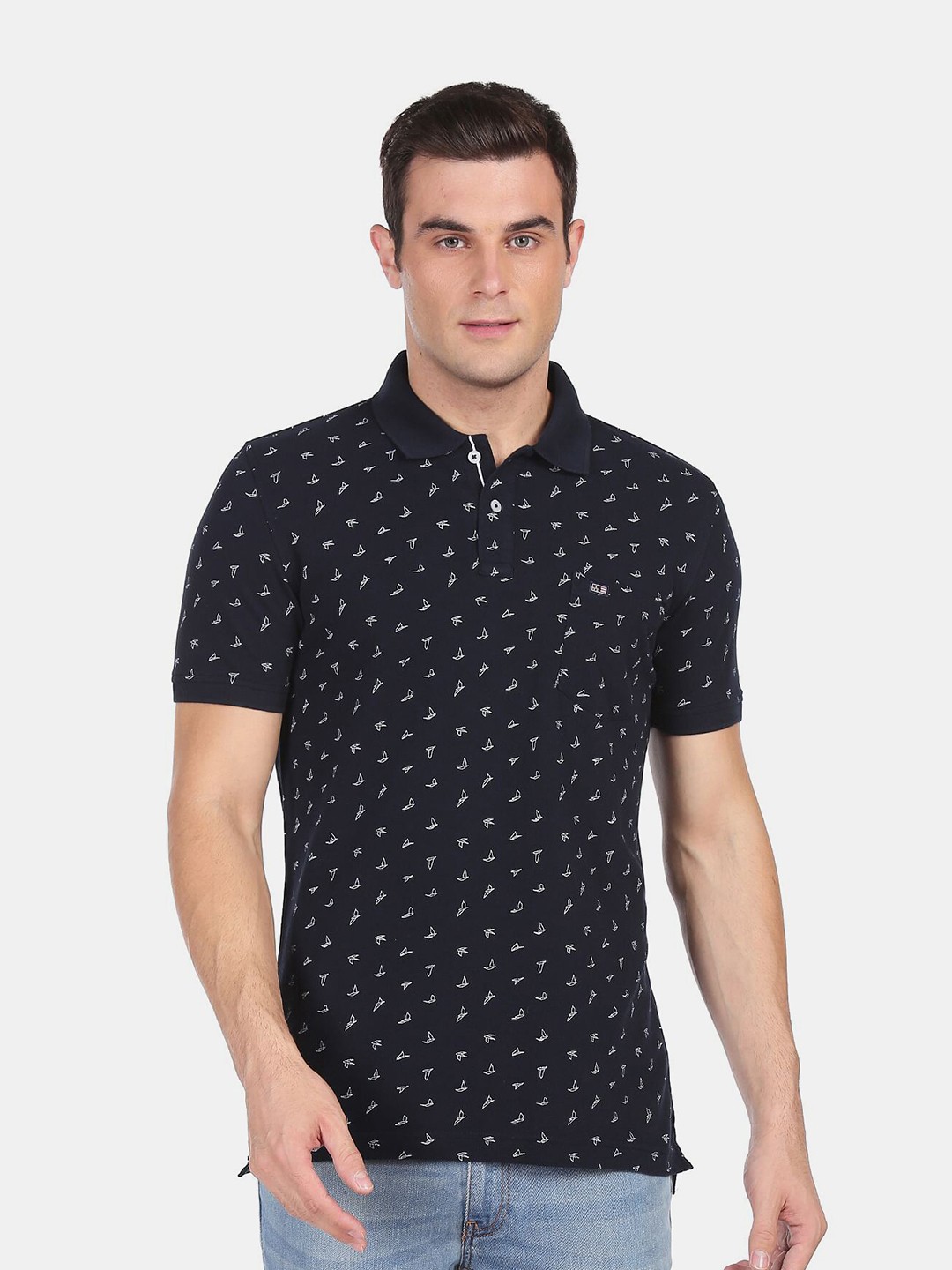 

Arrow Sport Men Cotton Navy Blue Conversational Printed Polo Collar T-shirt