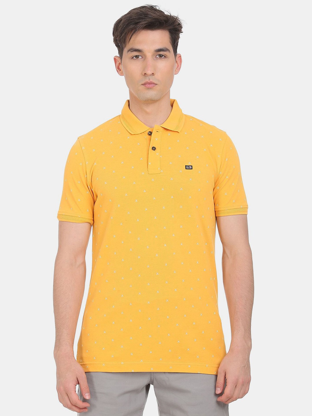 

Arrow Sport Men Cotton Yellow & White Conversational Printed Polo Collar T-shirt