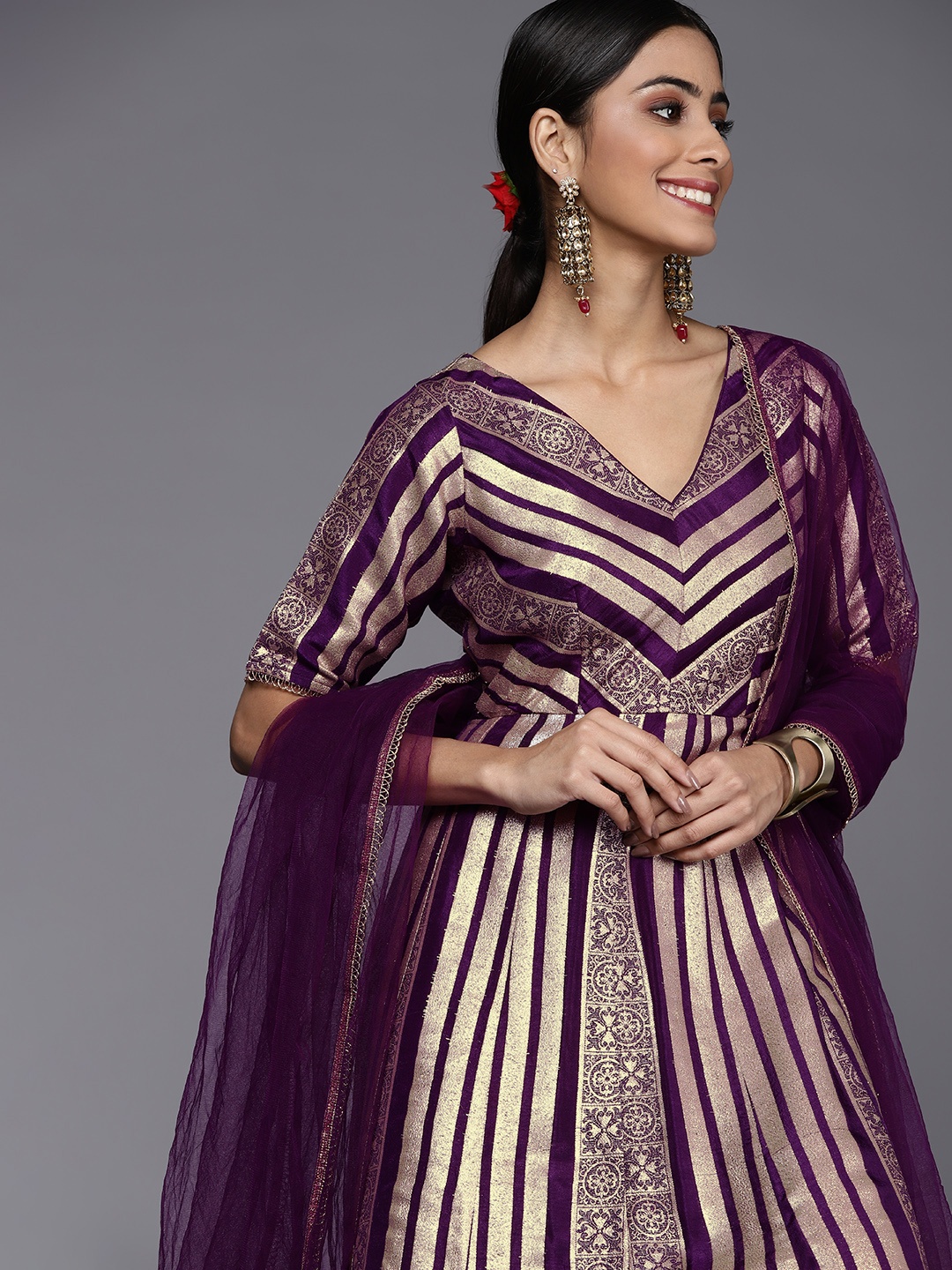 

Inddus Women Purple & Gold-Toned Georgette Anarkali Kurta with Dupatta