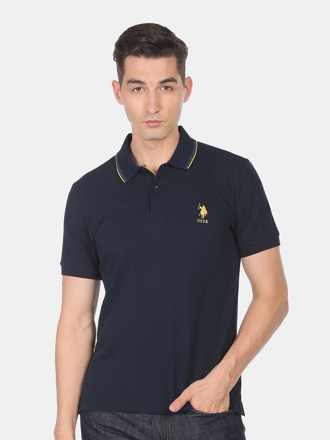 

U S Polo Assn Men Blue Polo Collar Cotton T-shirt