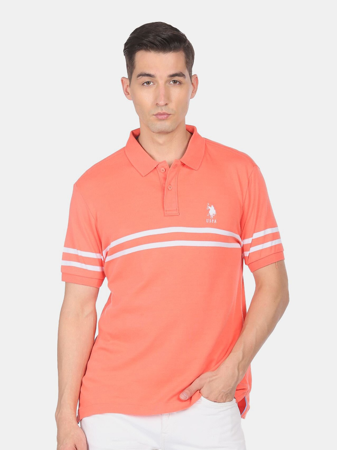 

U S Polo Assn Men Orange & White Brand Logo Striped Polo Collar Pure Cotton T-shirt