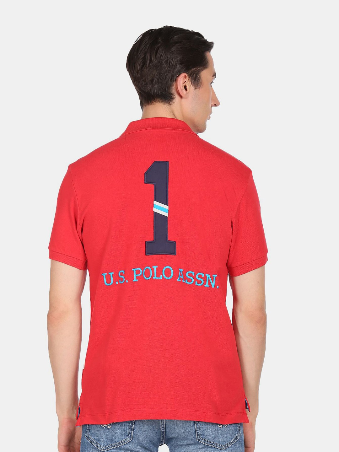 

U S Polo Assn Men Red & White Brand Logo Colourblocked Polo Collar Pure Cotton T-shirt