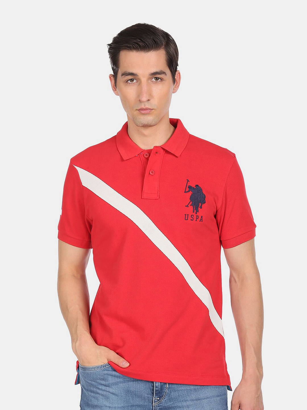 

U S Polo Assn Men Red Brand Logo Striped Polo Collar Pure Cotton T-shirt