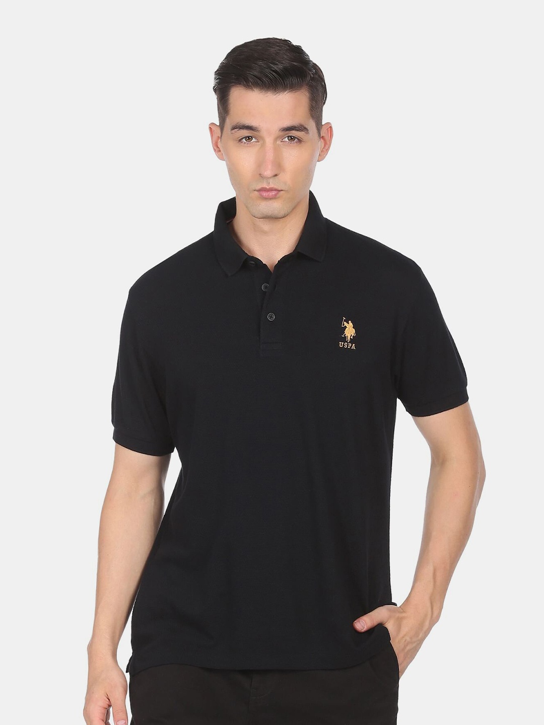

U S Polo Assn Men Black Polo Collar Solid Cotton T-shirt