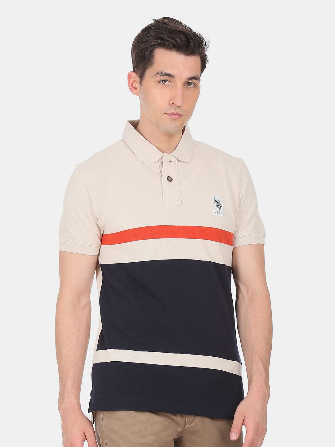 

U.S. Polo Assn. Denim Co. Men Beige & Black Colourblocked Polo Collar Pure Cotton T-shirt