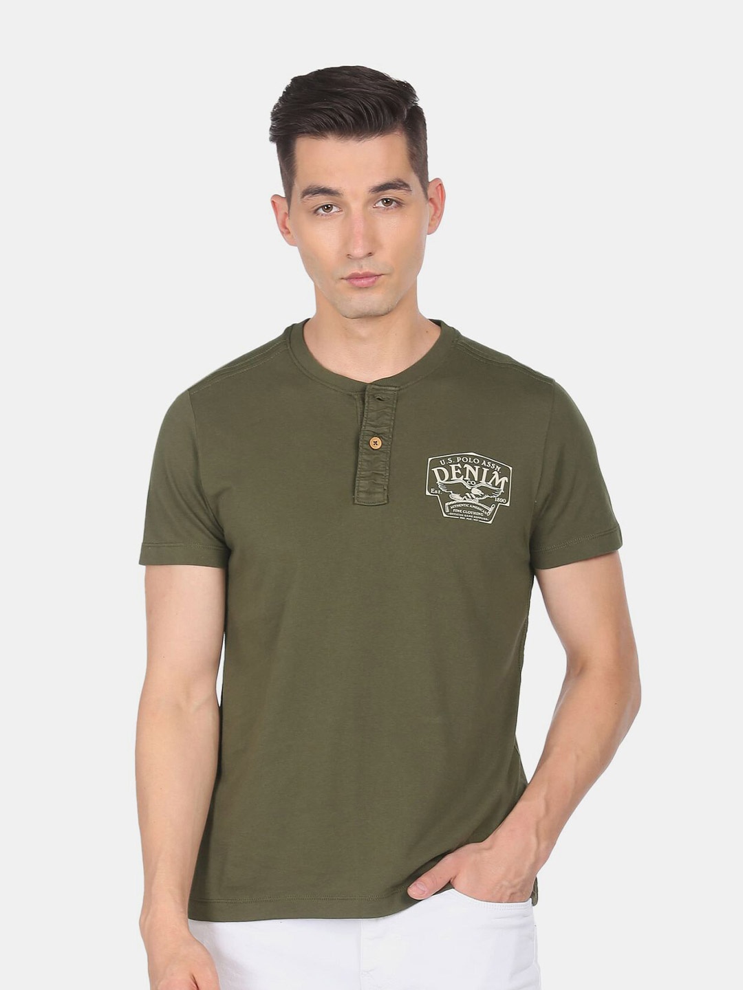 

U S Polo Assn Denim Co Men Green Pure Cotton Biker Printed Henley Neck T-shirt