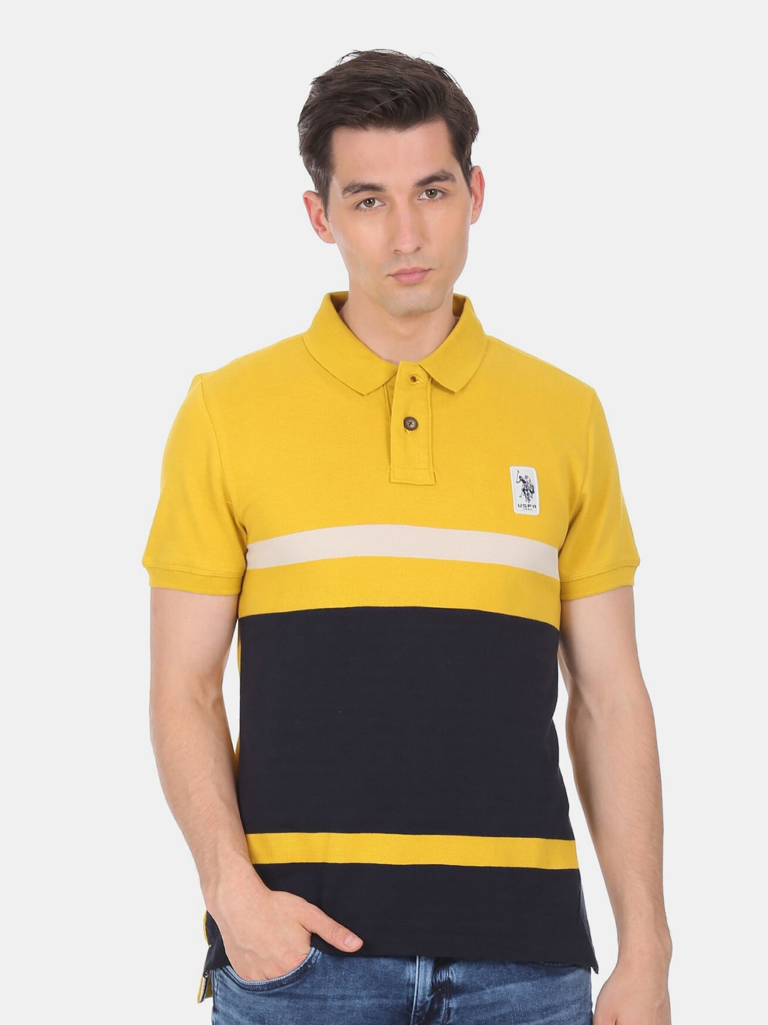 

U S Polo Assn Denim Co Men Yellow & Black Pure Cotton Colourblocked Polo Collar T-shirt