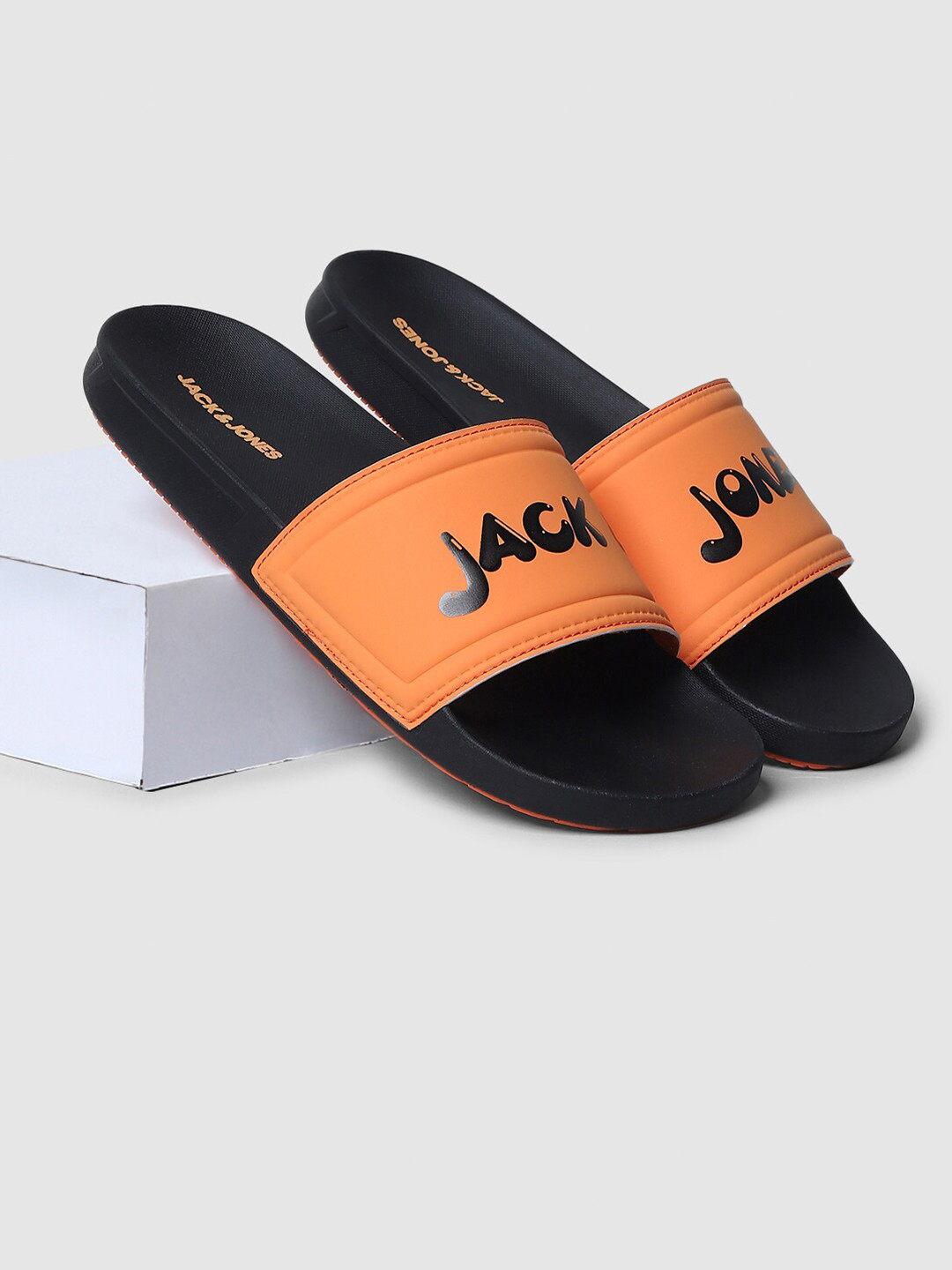 

Jack & Jones Men Orange & Black Printed Sliders