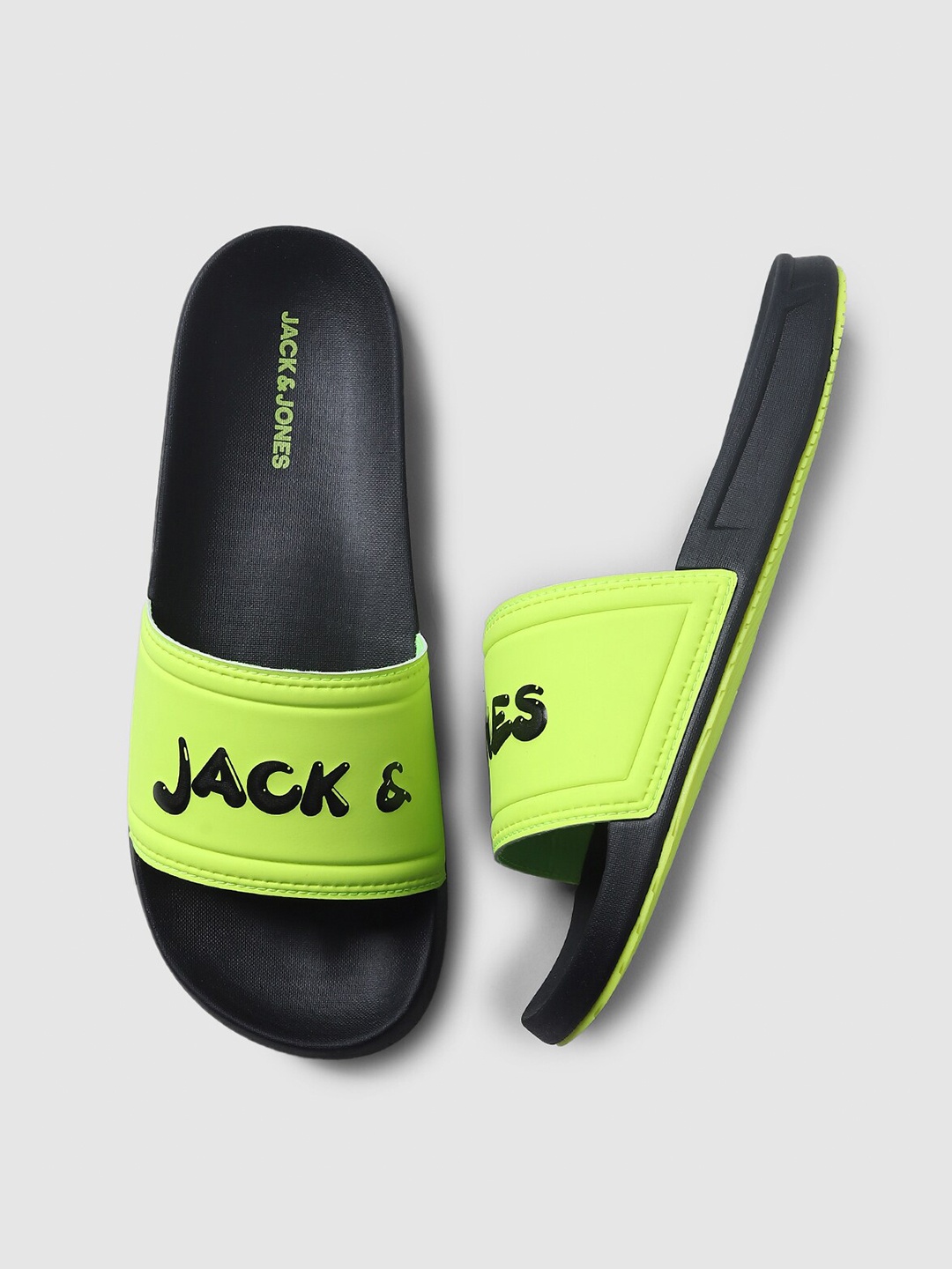 

Jack & Jones Men Fluorescent Green & Black Printed Sliders