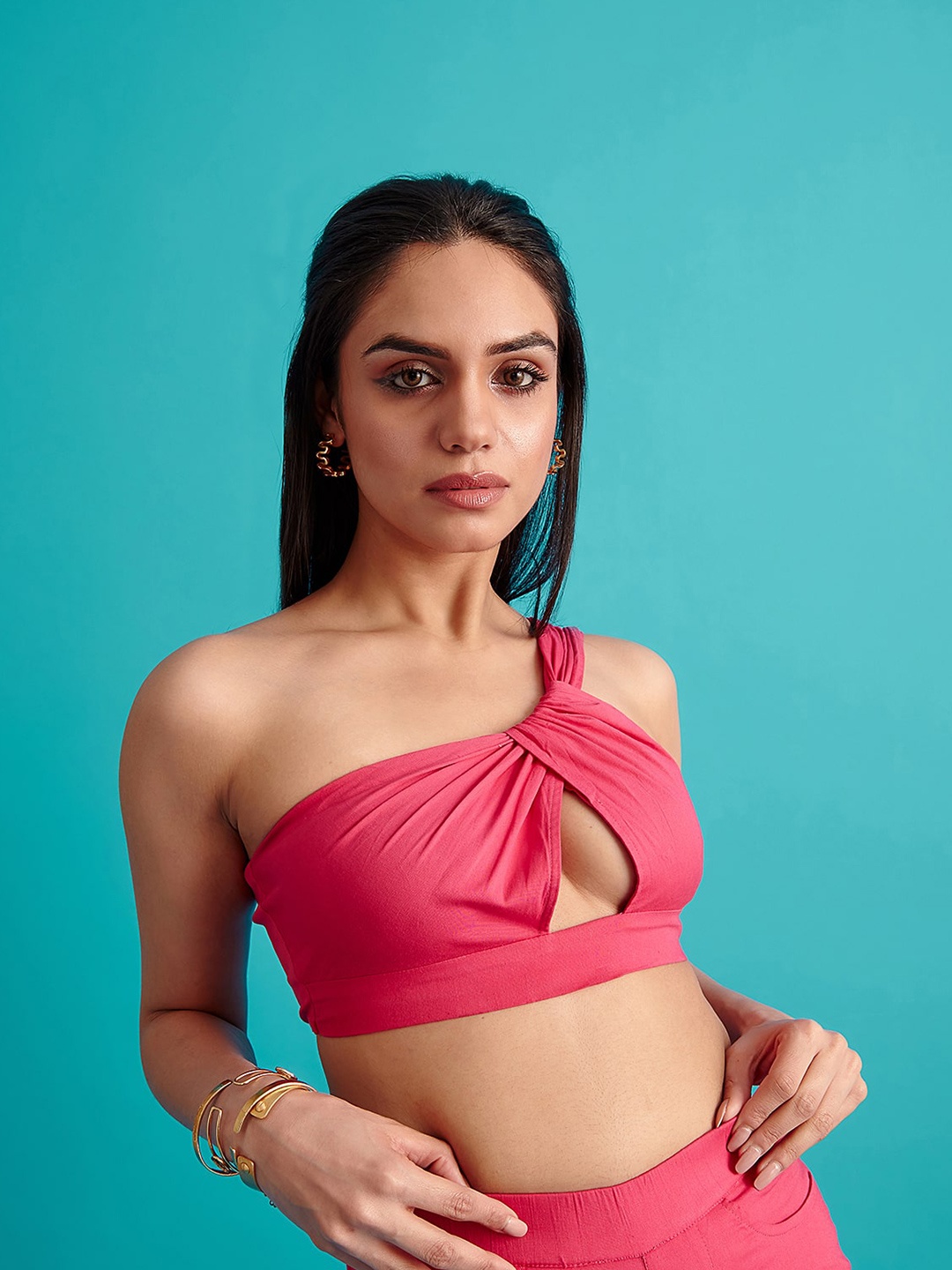 

THE CLOTHING FACTORY Women Pink One Shoulder Bralette Crop Top