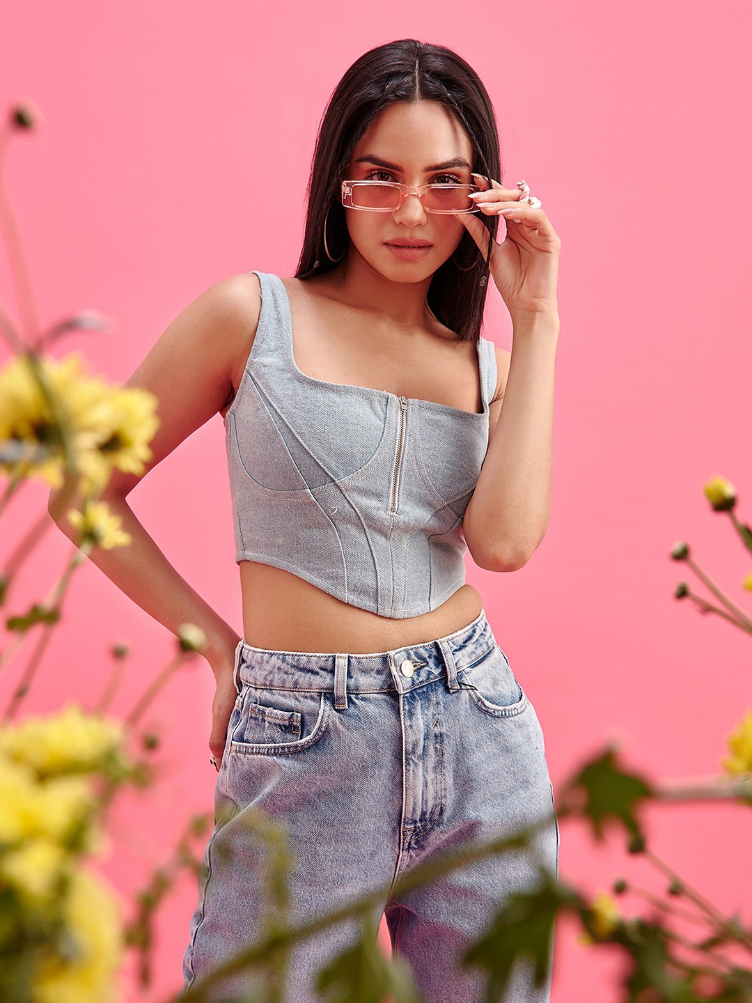 

THE CLOTHING FACTORY Women Blue Denim Pure Cotton Corset Crop Top