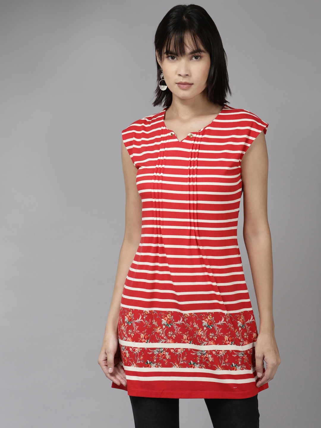 

Aarika Red & Off White Striped Longline Top