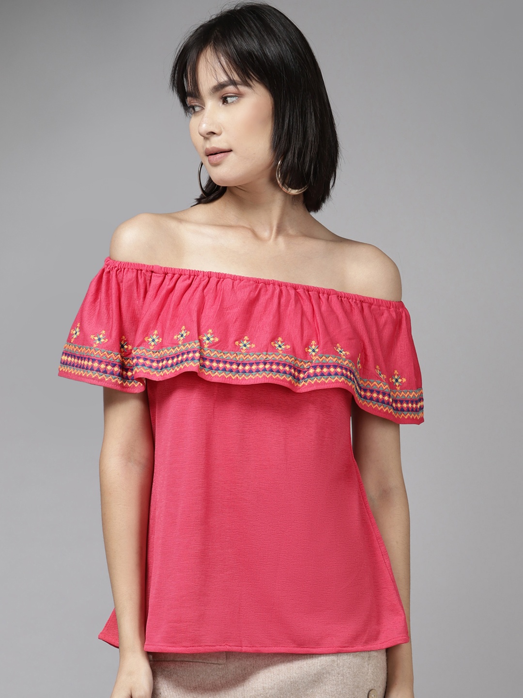

Aarika Pink Off-Shoulder Ruffles Bardot Top