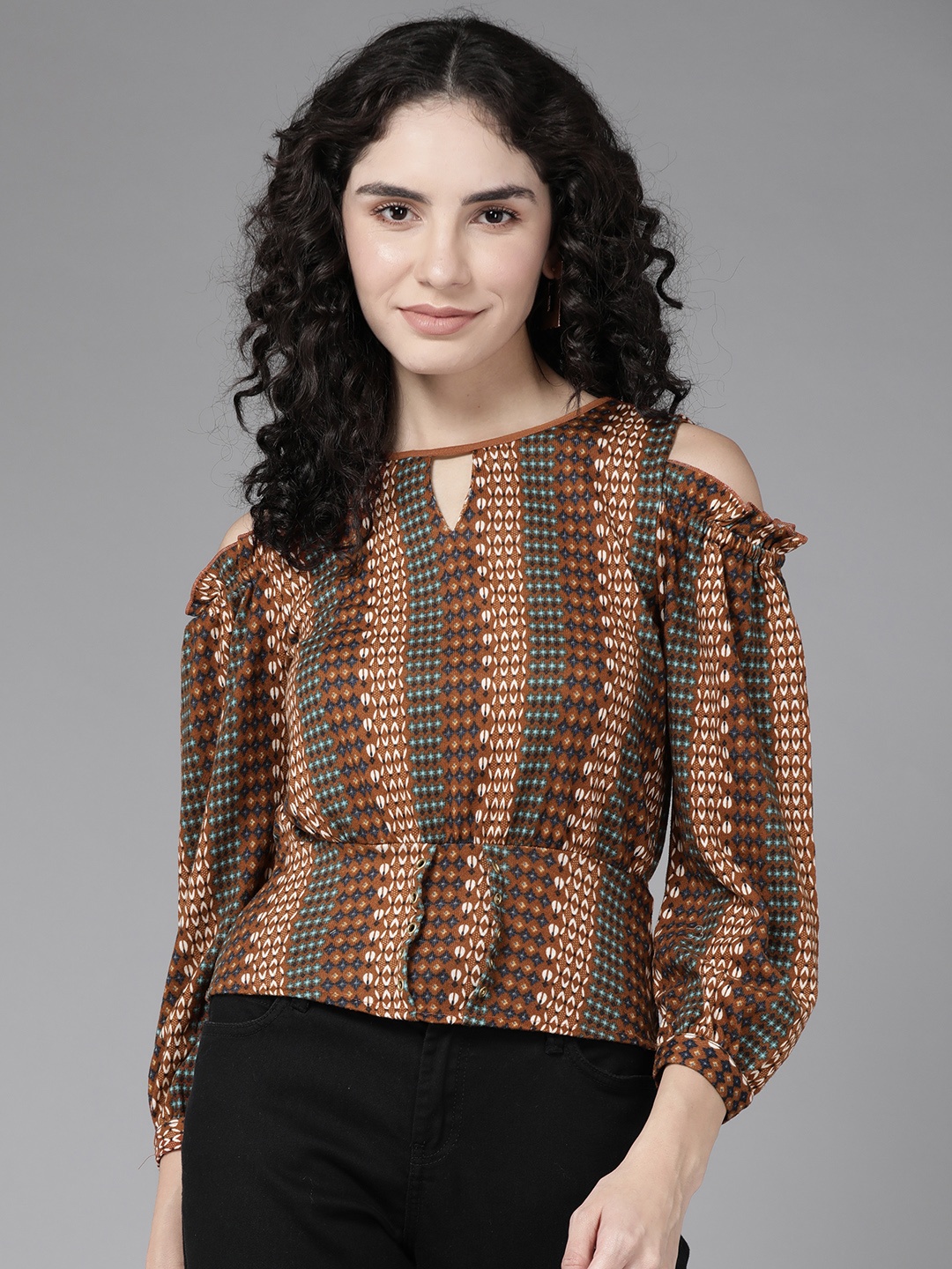 

Aarika Brown & Navy Blue Geometric Print Keyhole Neck Top