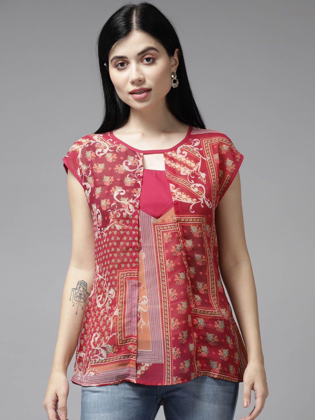 

Aarika Red Floral Print Keyhole Neck Top