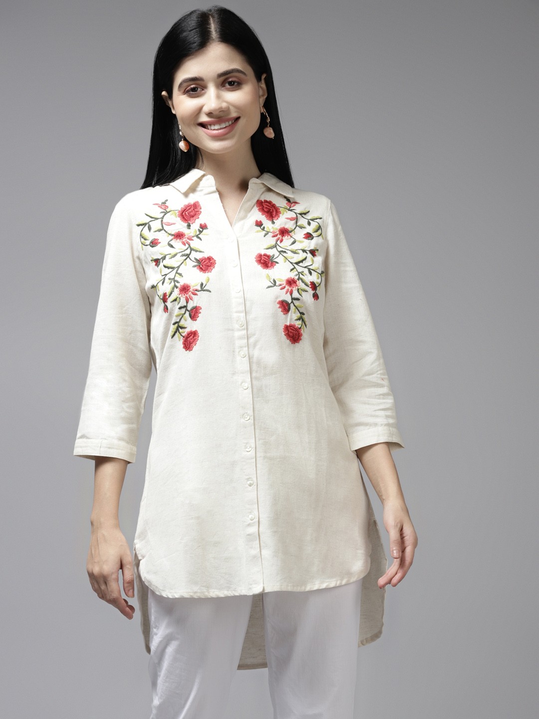 

Aarika Cream-Coloured & Pink Floral Embroidered Shirt Style Longline Top