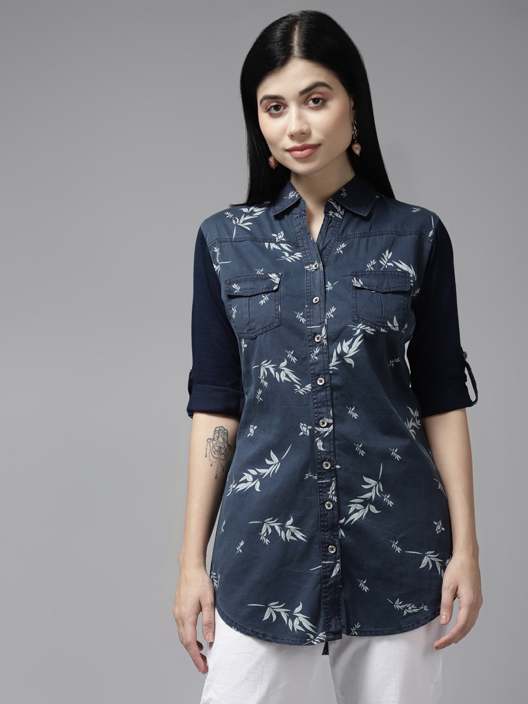 

Aarika Navy Blue Floral Print Roll-Up Sleeves Shirt Style Top
