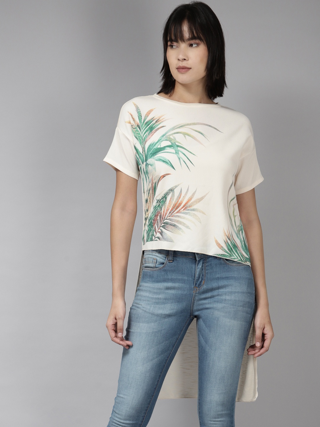 

Aarika Cream-Coloured & Green Floral Print Longline Top