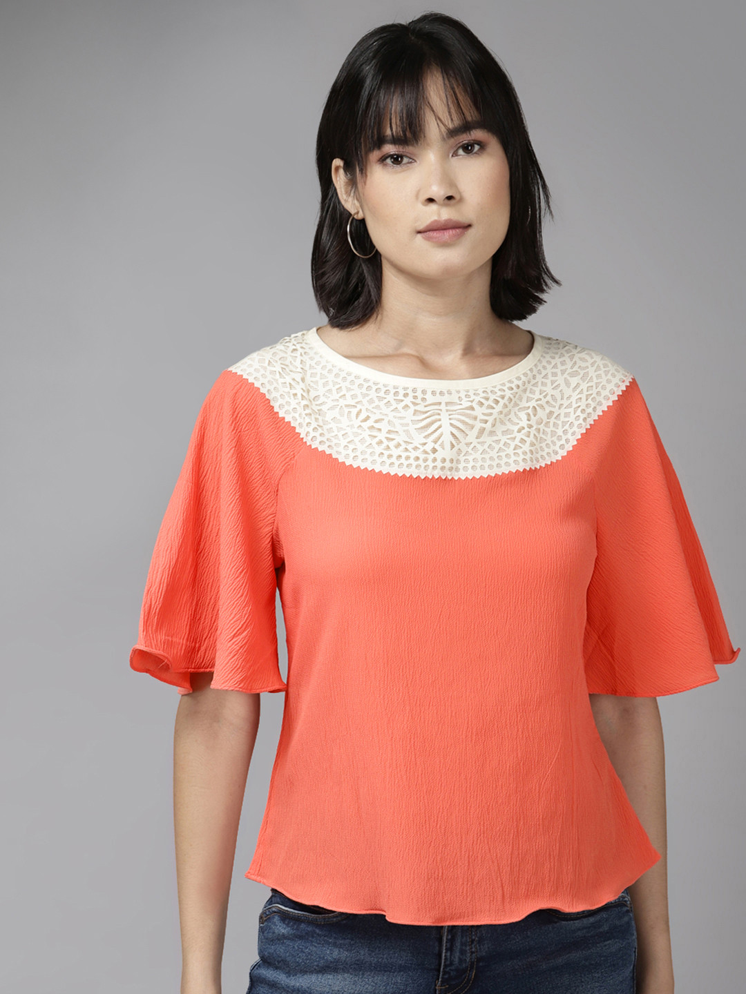 

Aarika Red & Off White Flared Sleeves Top
