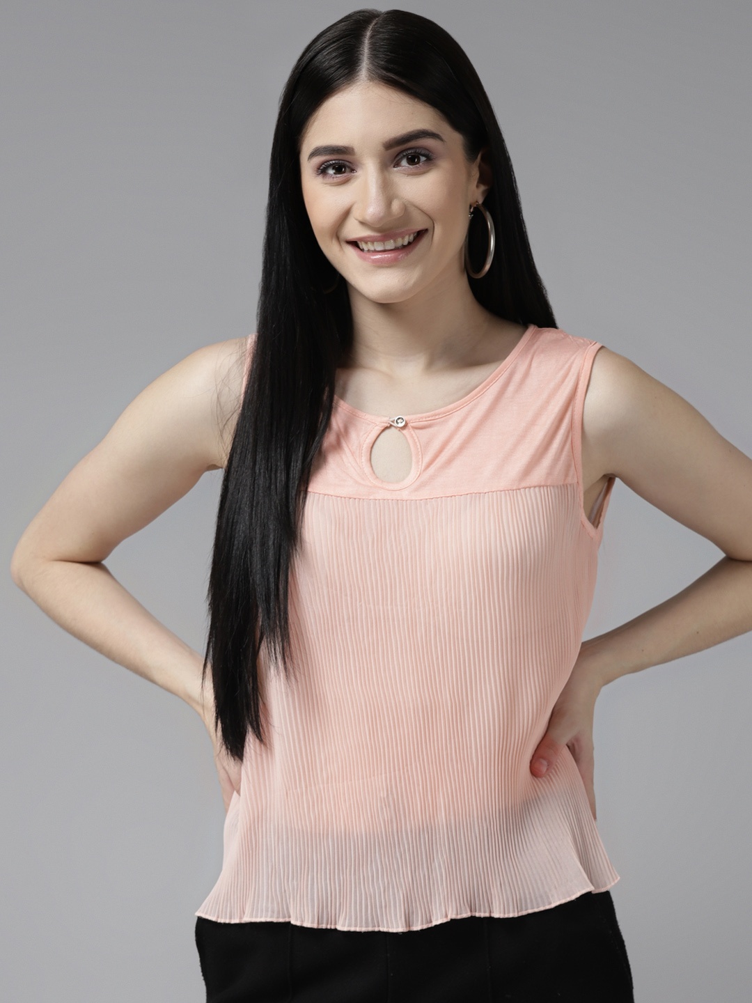 

Aarika Peach-Coloured Solid Ribbed Layered Keyhole Neck Top