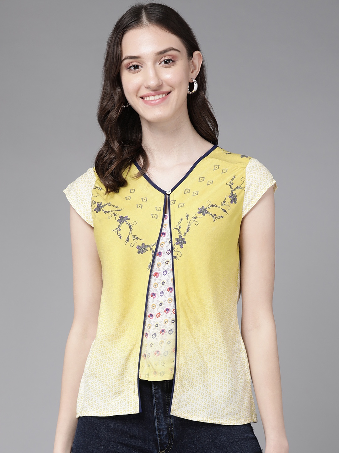 

Aarika Lime Green & Navy Blue Floral Print Keyhole Neck Layered Top