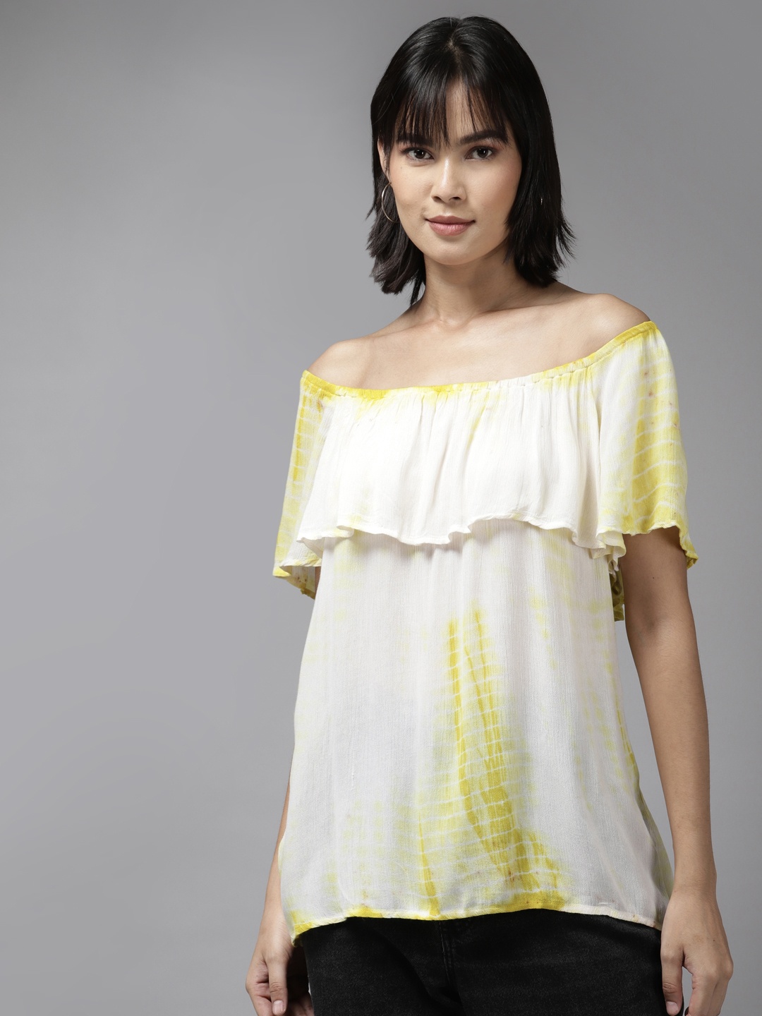 

Aarika Yellow & Off White Tie and Dye Off-Shoulder Bardot Top