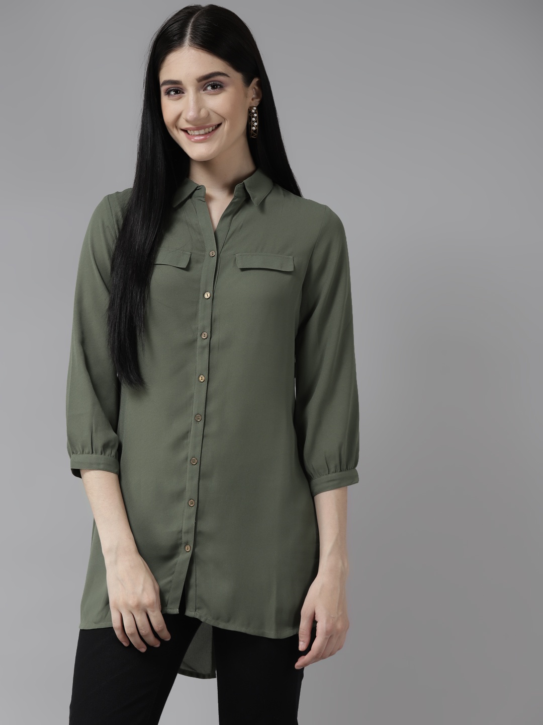 

Aarika Green Shirt Style Longline Top