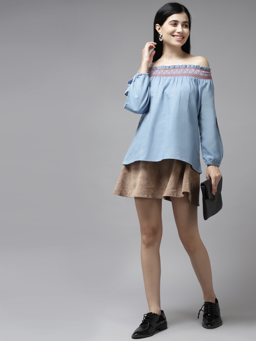 

Aarika Blue Geometric Embroidered Off-Shoulder Smocked Top