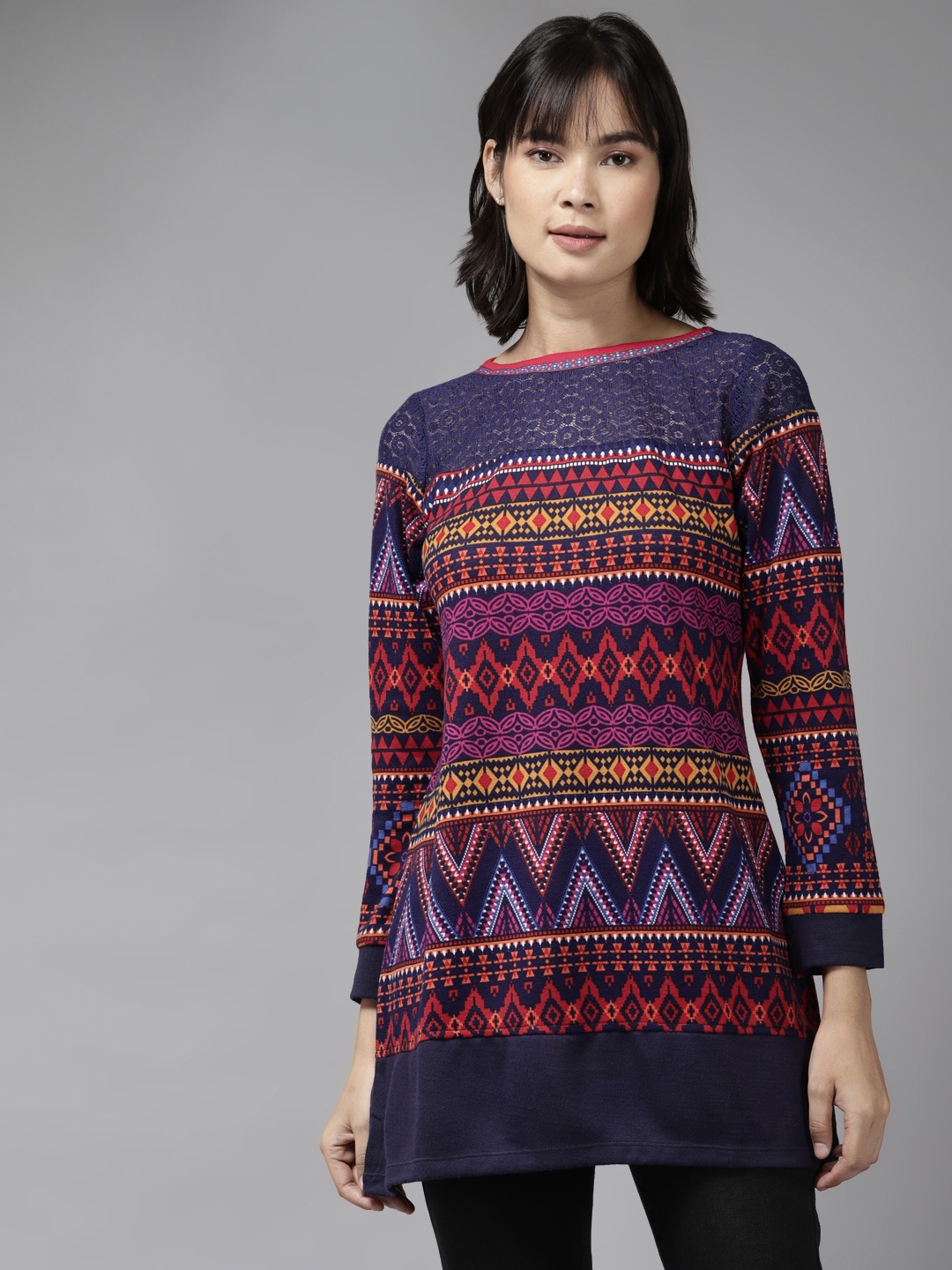 

Aarika Navy Blue & Pink Tribal Print Top