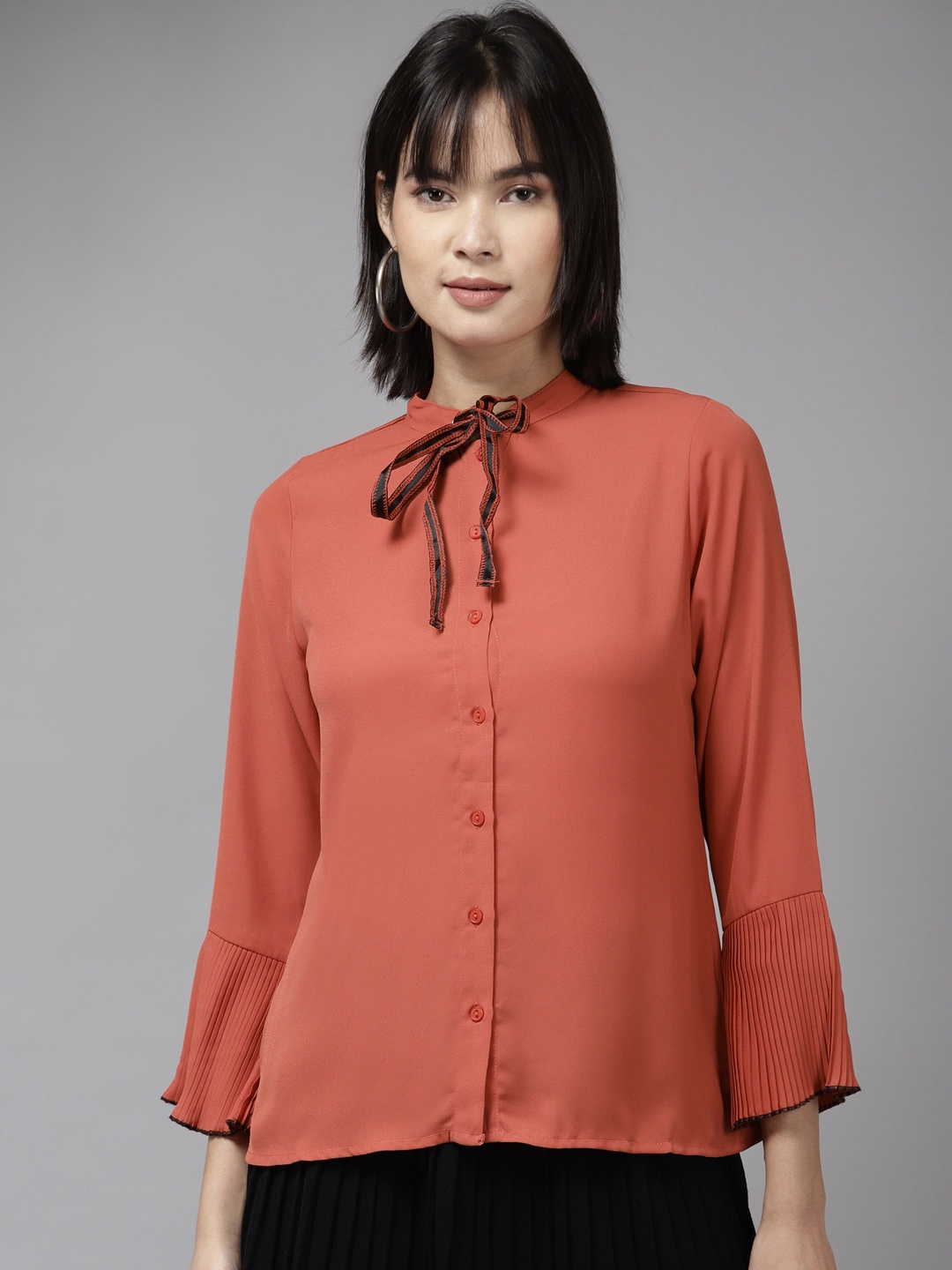 

Aarika Rust Tie-Up Neck Shirt Style Top