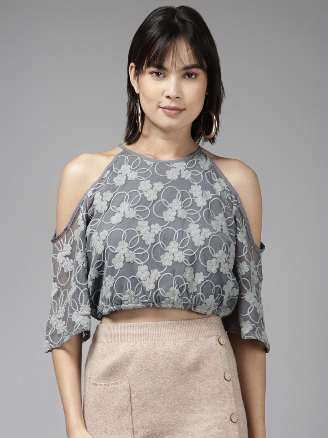 

Aarika Grey Floral Embroidered Halter Neck Crop Top