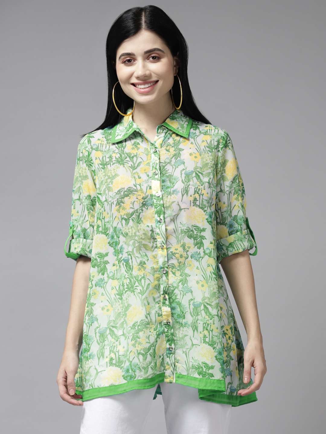 

Aarika Green & Yellow Floral Print Roll-Up Sleeves Shirt Style Longline Top