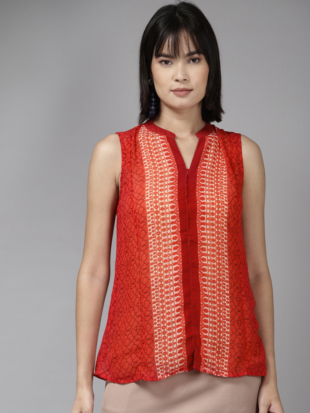 

Aarika Red Print Mandarin Collar Top