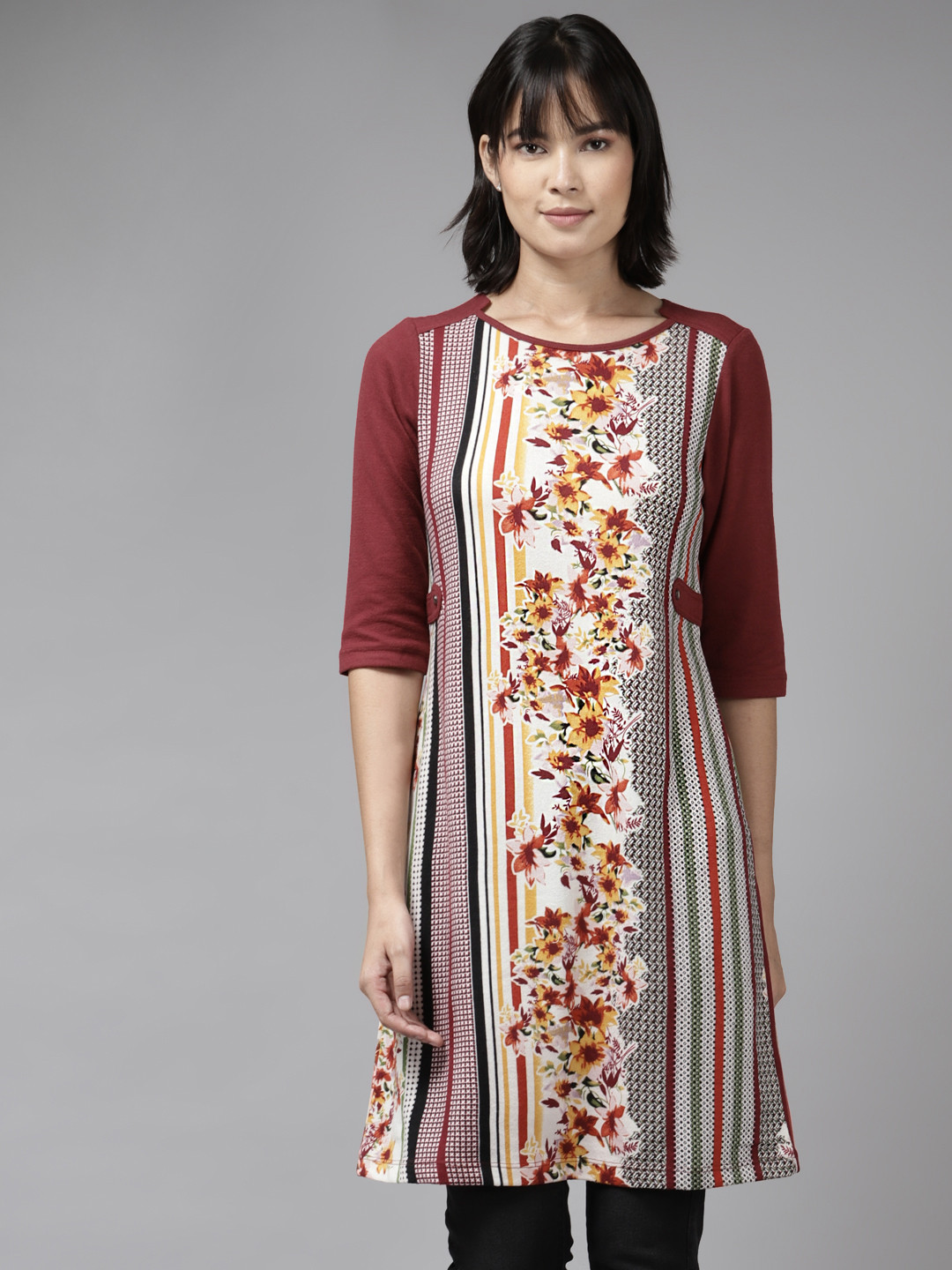 

Aarika Maroon & Off White Floral Print Longline Top