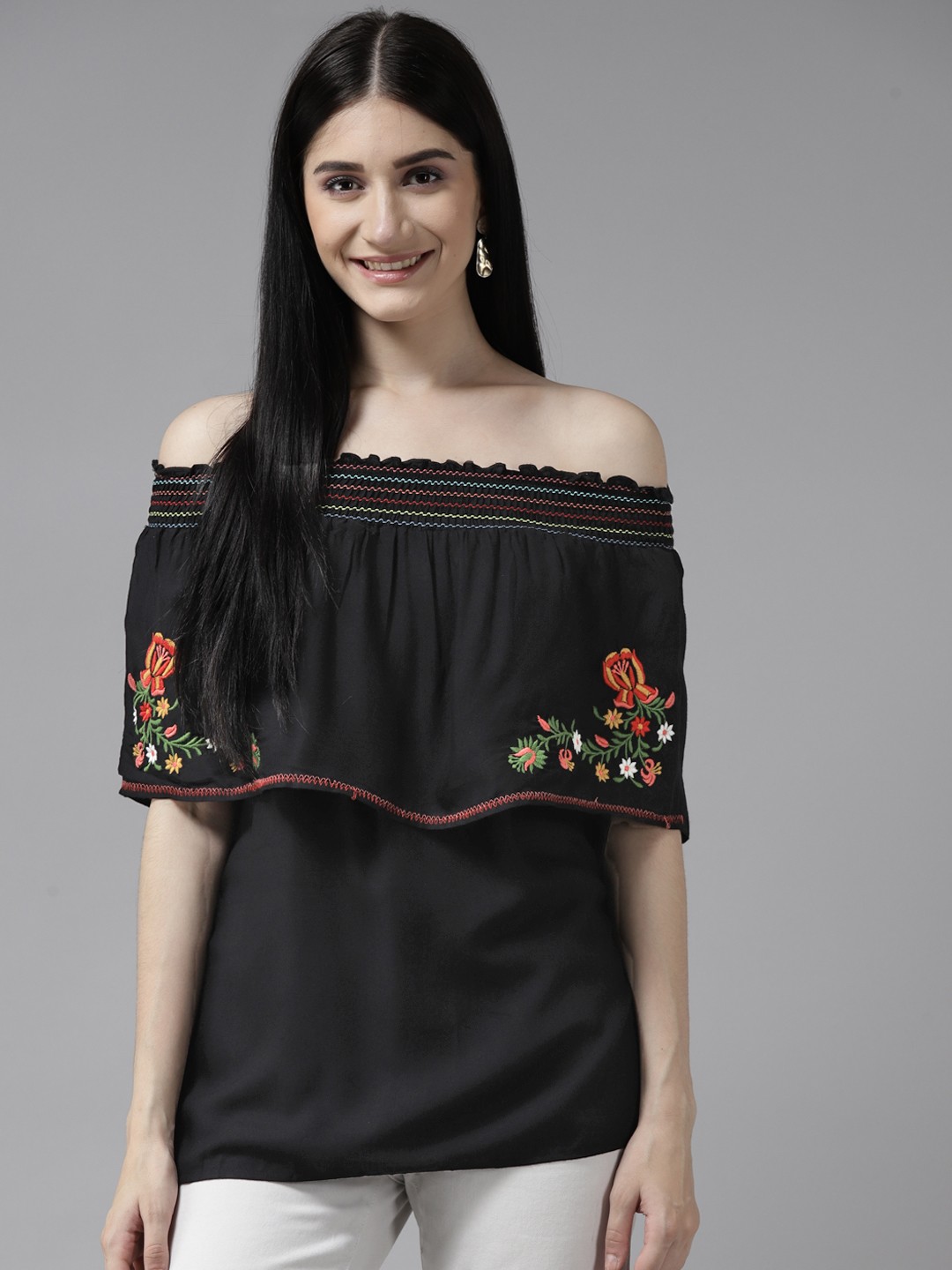

Aarika Black Floral Embroidered Off-Shoulder Layered Top