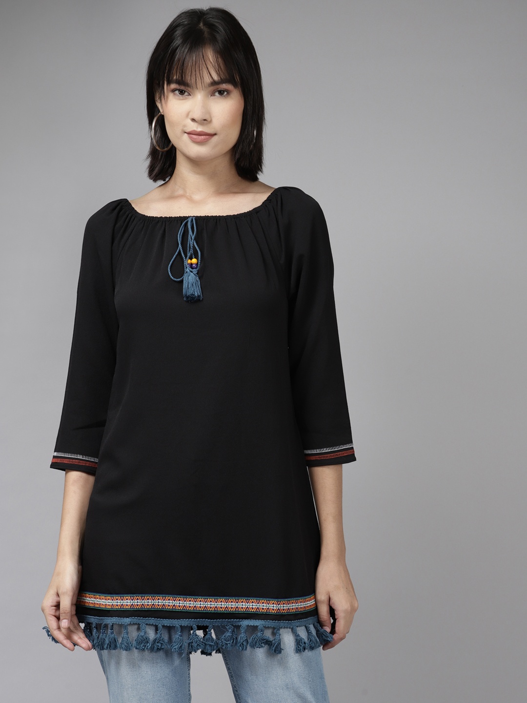 

Aarika Black Tie-Up Neck Tasseled Longline Top