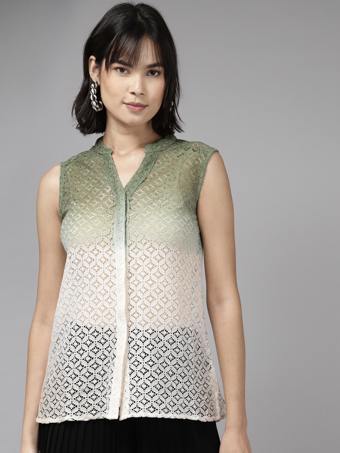 

Aarika Olive Green & White Mandarin Collar Shirt Style Top