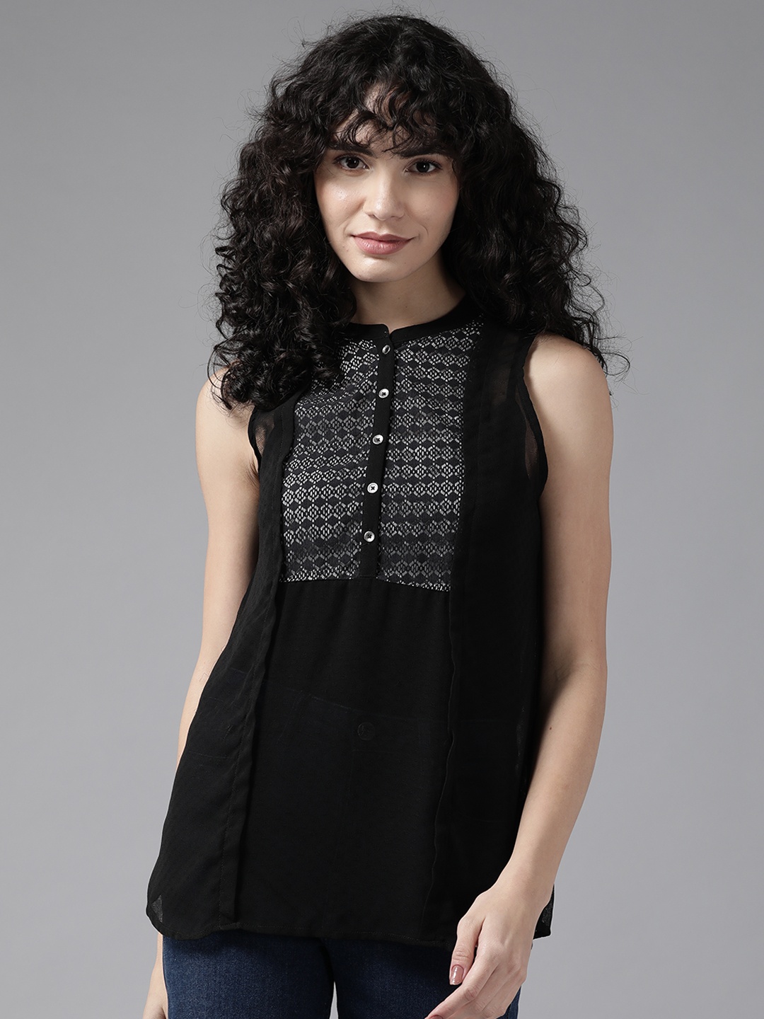 

Aarika Black Mandarin Collar Lace Detail Top