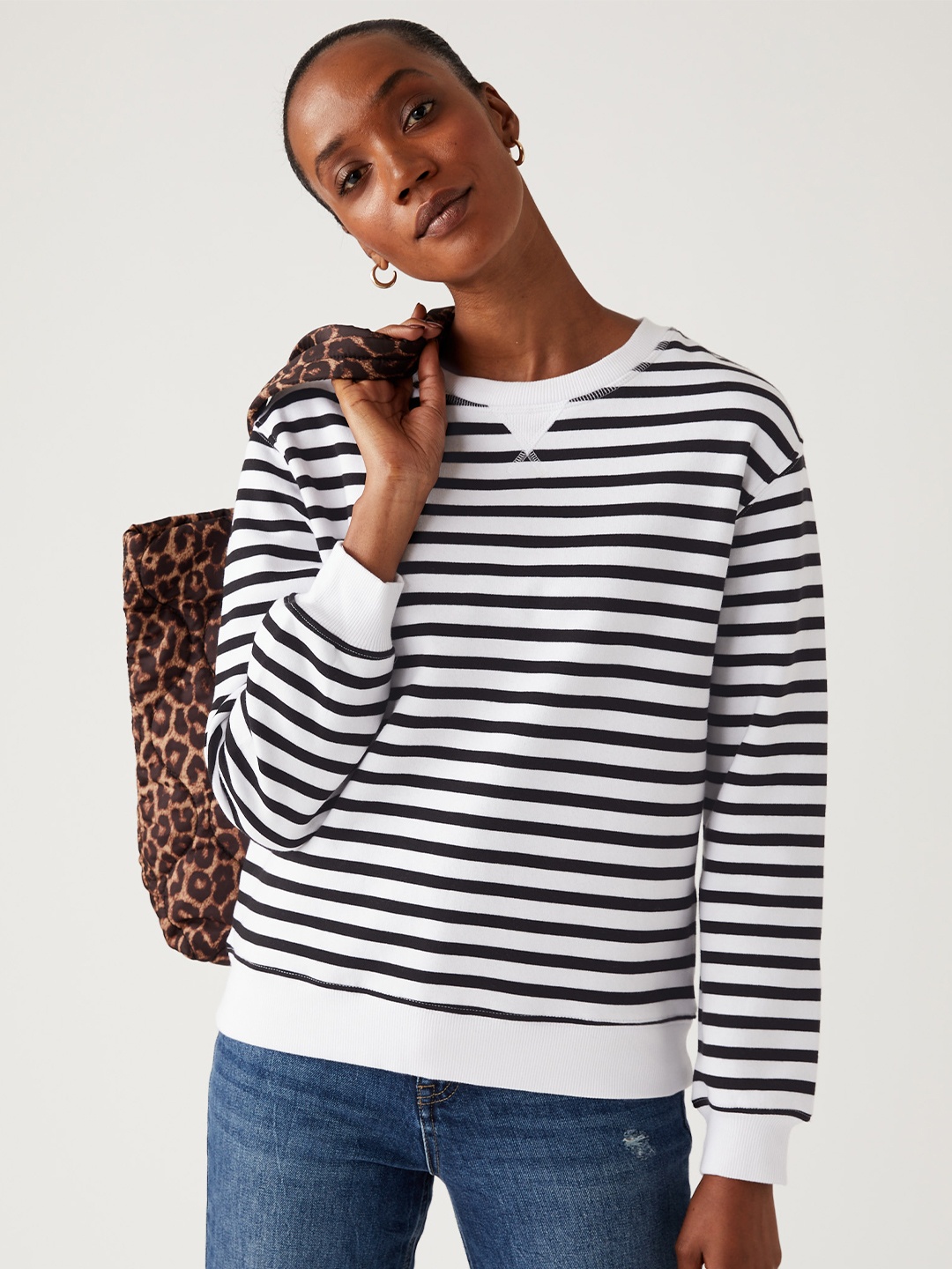 

Marks & Spencer Women White Striped Sweatshirt