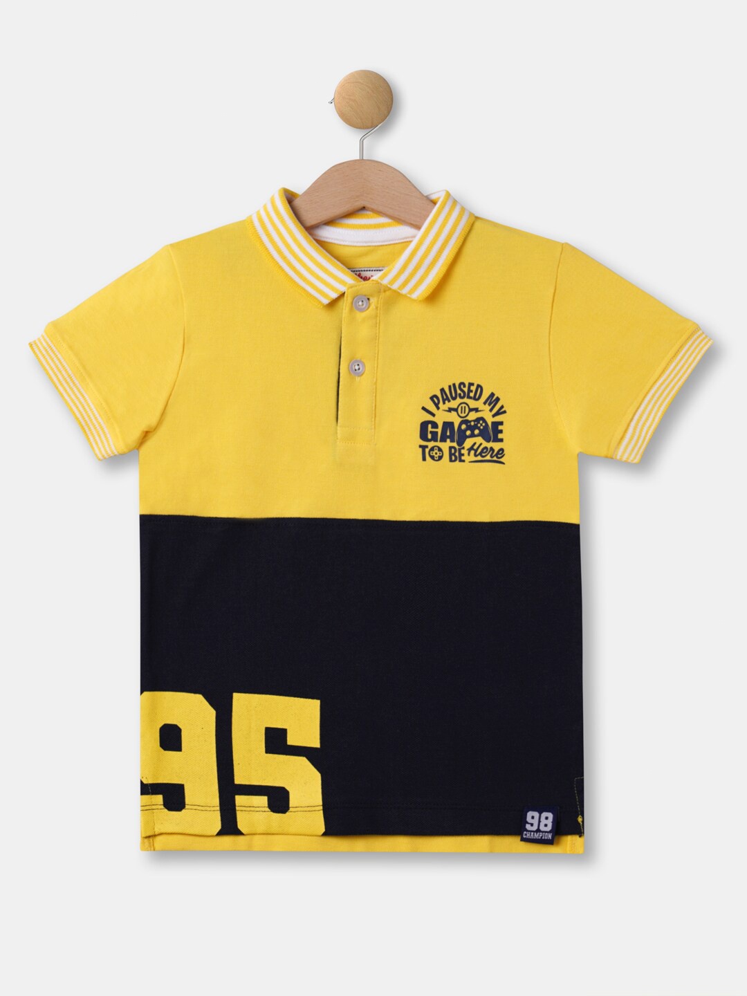 

R&B Boys Yellow & Black Typography Colourblocked Polo Collar T-shirt