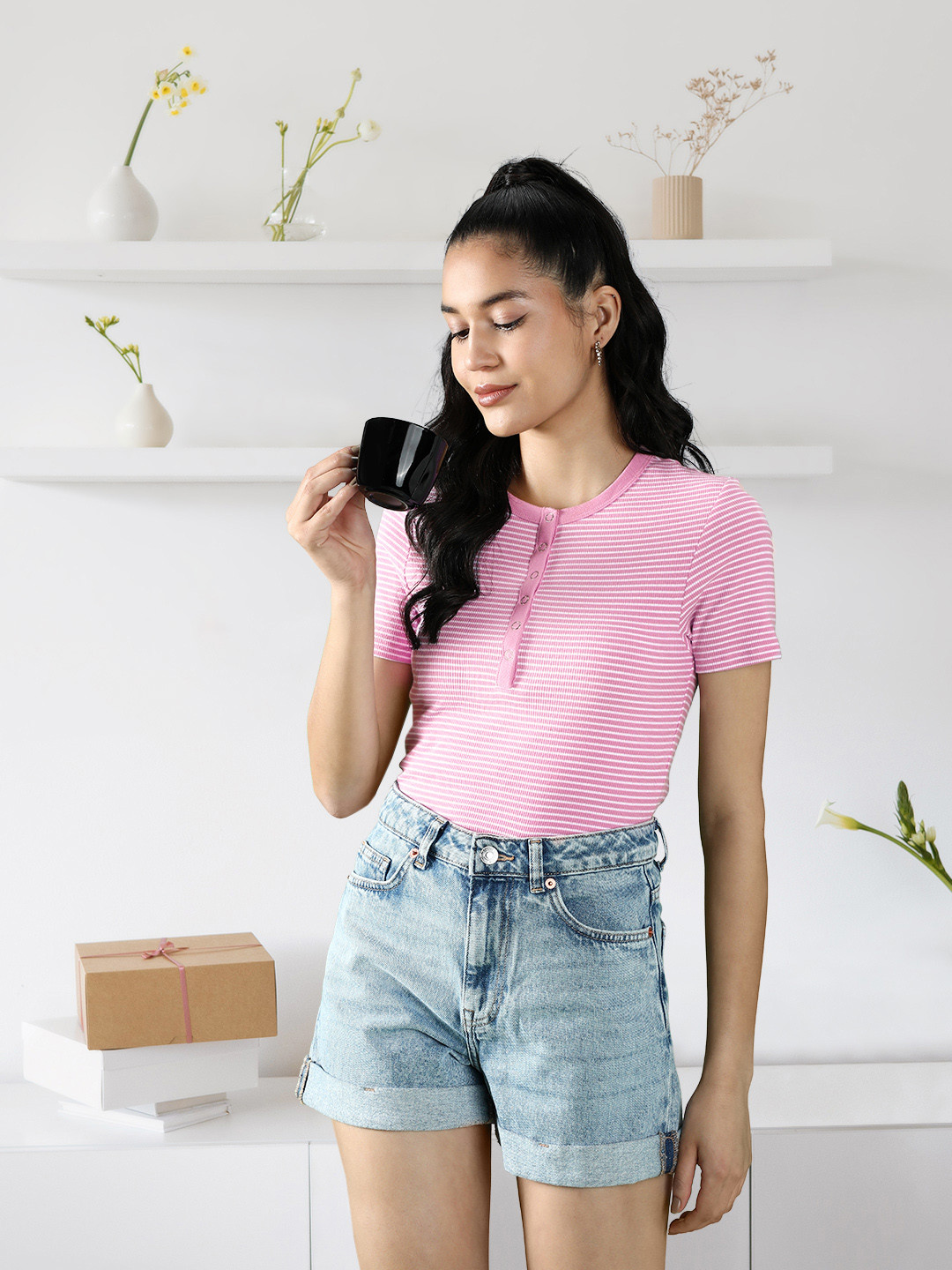 

Marks & Spencer Women Magenta Striped T-shirt