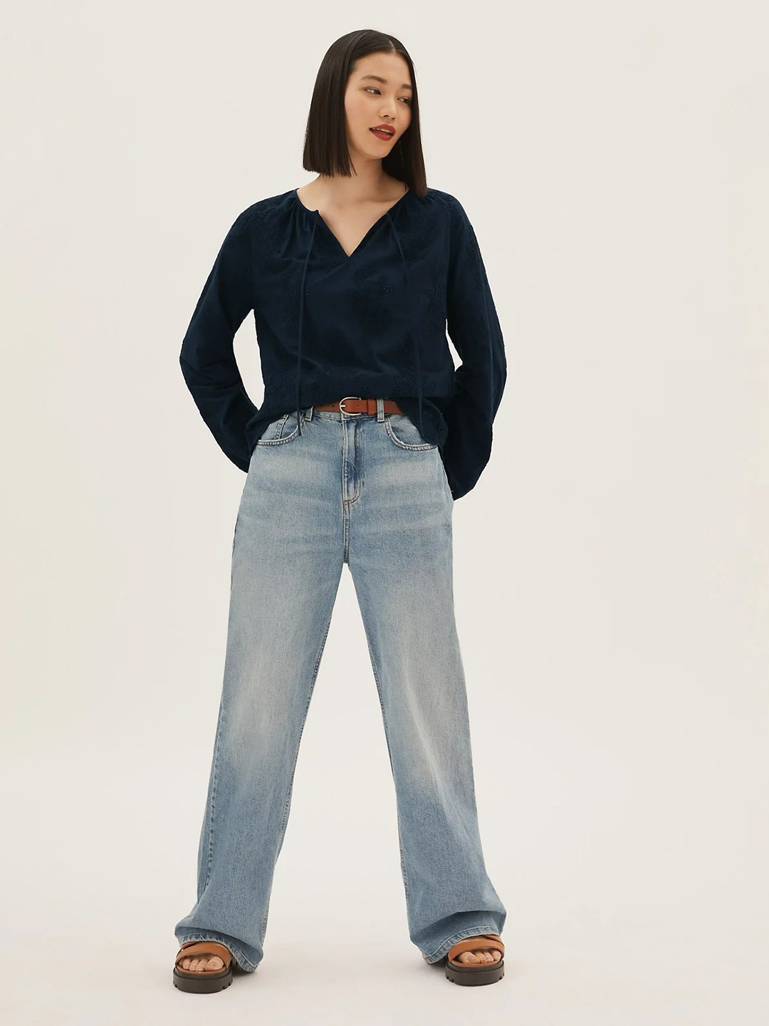 

Marks & Spencer Women Embroidered Cotton Top, Navy blue